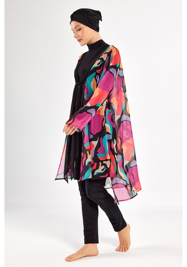 3'lü Pareolu Likralı Tam Kapalı Tesettür Mayo Yumı 1134 Siyah Siyah