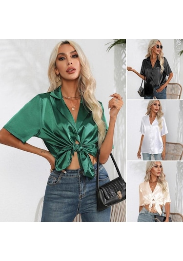 Kısa Kollu Gömlek Yaz Katı Saten Ipek Gömlek Düğme Yukarı Bluz Gevşek Ofis Kadın Blusas Casual Gömlek Tops Zarif 26107 Siyah