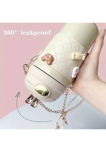 Oldfriend Yalıtımlı 480ml Paslanmaz Çelik Termal Bardak Taşınabilir Pipet Kayışı 4 Adet 3d Çıkartma Beyaz Beyaz Rastgele Verilen 4 Adet 3d Çıkartma