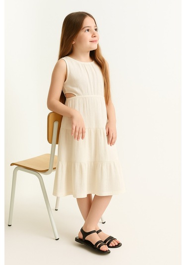 Yanı Dekolteli Kız Çocuk Elbise KREM