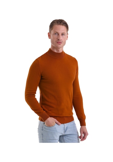 Hatemoğlu Regular Fit Düz Yarım Balıkçı Yaka Erkek  Triko Kazak Kiremit