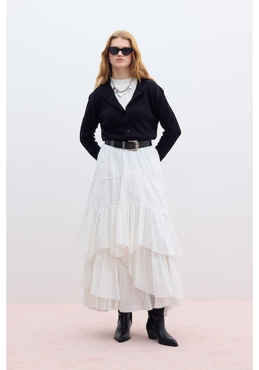 Katlı Boho Vual Etek Ekru Ekru