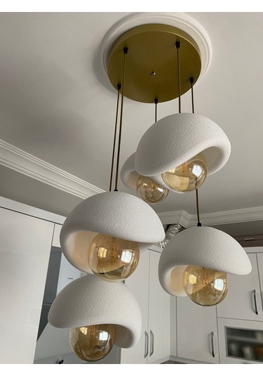 Modern 5'li Avize Beton Dokulu - Salon Ve Oturma Odası İçin Şık Tasarım Rustik Ampul Hediyeli Eskitme - Gold