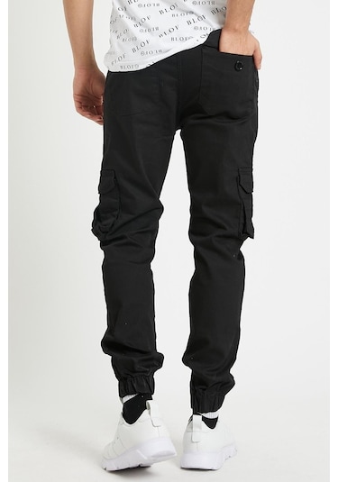 Slim Fit Körüklü Cep Paça Lastikli Esnek Kumaş Erkek Kargo Pantolon Siyah