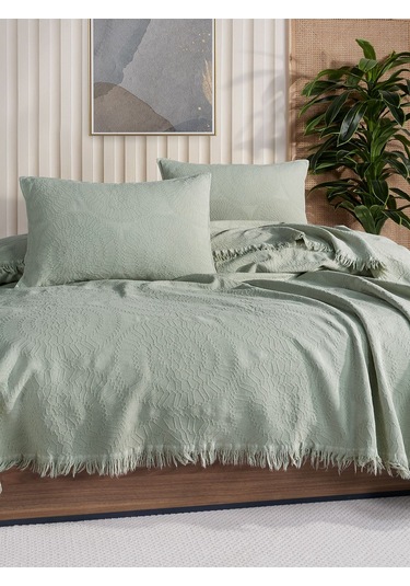 Jakarlı Daire Yatak Örtüsü Seti Çift Kişilik Mint Mint