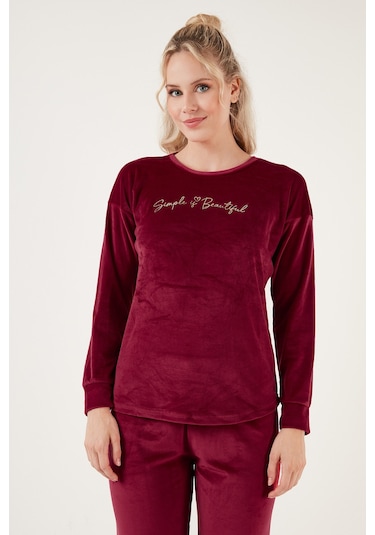Lela Regular Fit Yumuşak Dokulu Kadife Bayan Pijama Takımı 6094200W4 Bordo