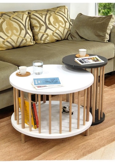 İkili Set Yuvarlak Orta Sehpa Ahşap Ayaklı Sehpa Iki Raflı Sehpa Dekoratif Sehpa Gazetelikli Beyaz - Antrasit