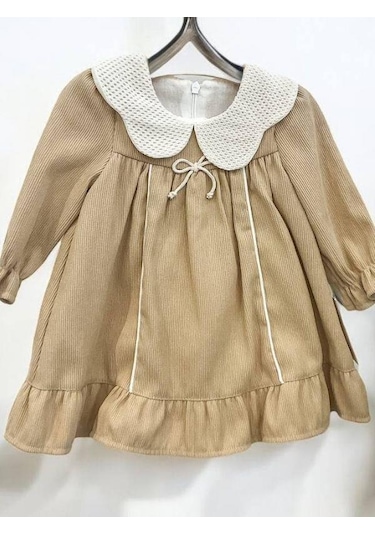 Cantoy Kız Bebek Bebe Yaka Fitilli Kadife Elbise-15068 Camel