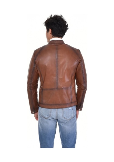 Hakiki Deri Kahverengi Oscar Hakim Yaka Erkek Deri Ceket Kahverengi