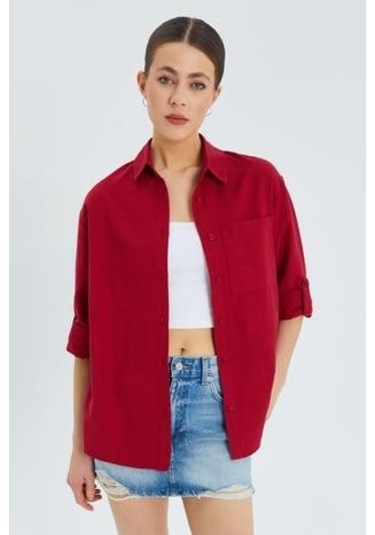 9942 Kadın Oxford Uzun Kol Basic Gömlek Bordo Bordo
