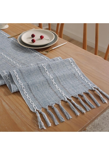 Gri Rustik Masa Koşucular, El Yapımı Püsküllü, Vintage Dokuma Pamuk Keten Masa Koşucu Uzun Parti Yemek Masası Dekorasyonu İçin 33 220