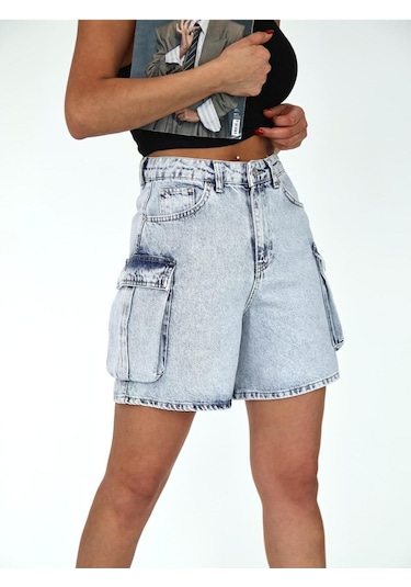 Kargo Cep ve Pens Detaylı Denim Şort Mavi+buz
