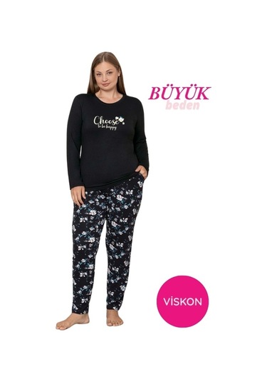 Kadın Bisiklet Yaka Düğmesiz Dökümlü Viskon Mevsimlik Uzun Kol Cepli Pijama Takımı Siyah Desenli