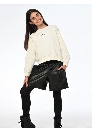 Kız Çocuk Real Yazılı Kısa Sweatshirt-13540 Ekru