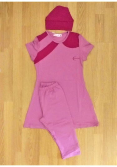 Kısa Kol Diz Altı Taytlı Çocuk Havuz Mayo Gül Kurusu Gülkurusu