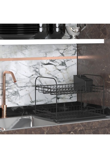 Teknotel İki Katlı Tabaklık Bulaşıklık Mat Siyah Kb007