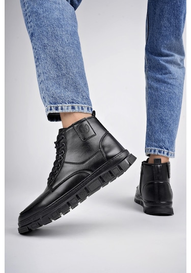 Muggo Gilberto Garantili Fermuarlı Bağcıklı Kürklü Hafif Taban Erkek Bot Siyah
