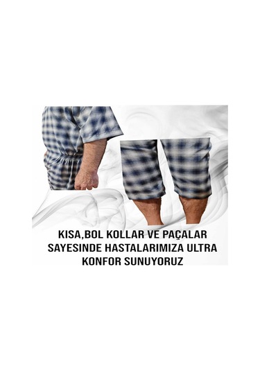 Benlife Kısa Kol Hasta Tulumu Ekose Kumaş