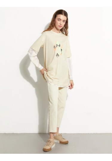 Baskılı Katmanlı Sweat-krem Krem