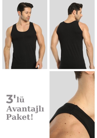 Erkek Siyah Pamuklu Omuzu Lok Dikişli Atlet 3'lü Paket Siyah