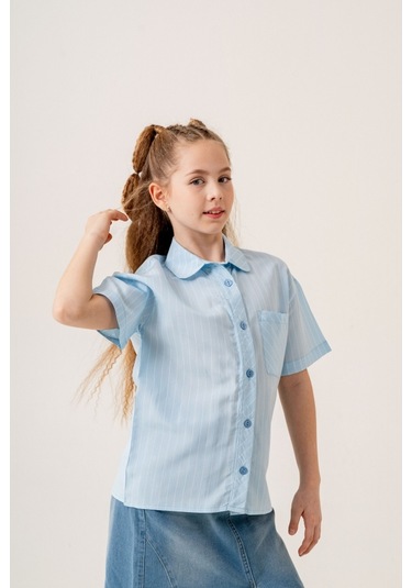 Kız Çocuk Bebe Yaka Yarım Kol Gömlek 3171 Mavi
