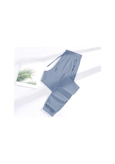 Unisex Streç Hızlı Kuruyan Pantolon Buz İpek Spor Streç Aktif Pantolon Bağcıklı Günlük Bol Jogger Cepli Yürüyüş Seyahat İçin Mavi