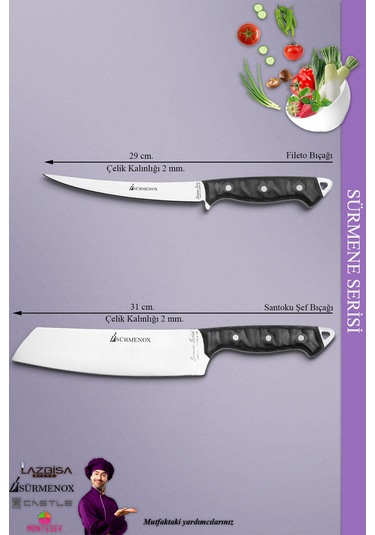 Sürmene Serisi Mutfak Şef Bıçak Seti Et Ekmek Sebze Fileto Şef Bıçağı 2 Li Set Siyah Mft-122 Siyah