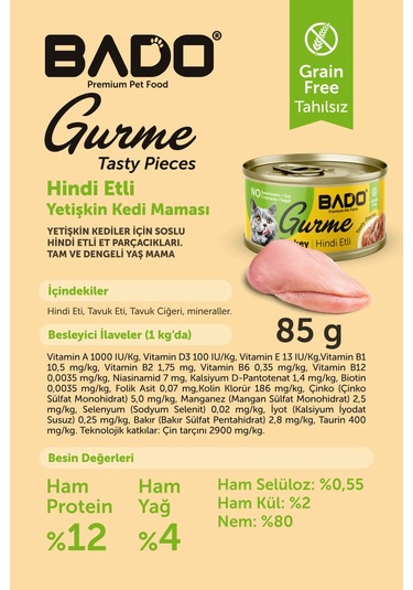 Bado Gurme Yaş Yetişkin Kedi Maması Hindi Etli 85 Gr 36 Adet