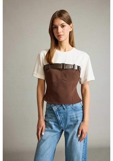 Defacto Bisiklet Yaka Kemer Detaylı Kısa Kollu Bluz G4709ax25wnbn306 Kahve-bn306