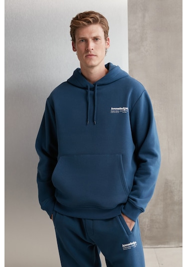 Grimelange Martel Erkek Yumuşacık Içi Polarlı Baskılı Regular Kordonlu Mavi Sweatshirt