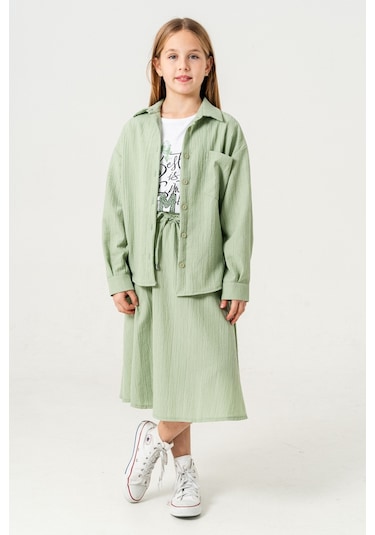 Kız Çocuk Tek Cepli Gömlek T-shirt İkili Takım 1802 Yeşil