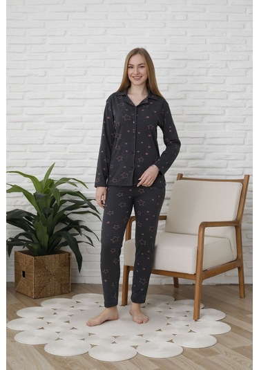 Fames Pijama Uzunkol Düğmeli Penye Pijama Takimi Kalpli Pudra