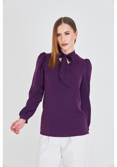 Büzgü Kol Fularlı Gömlek Mor Mor