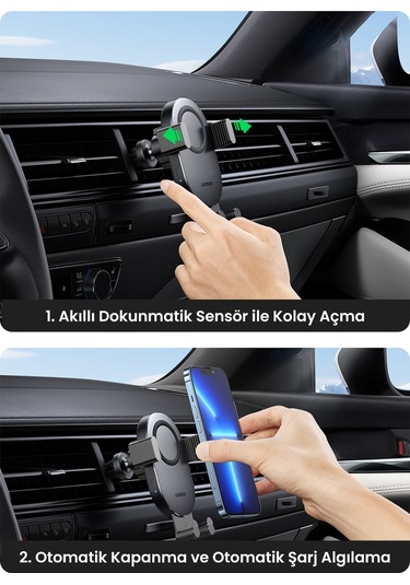 Ugreen Magsafe 15w Kablosuz Araç İçi Hızlı Şarj Cihazı, Otomatik Sensörlü Tutucu, Siyah, 40118