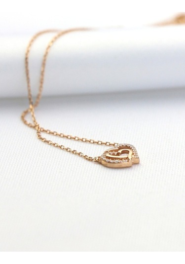 Çift Kalpler Rose Gold Minimal Gümüş Kolye-Rose Gold