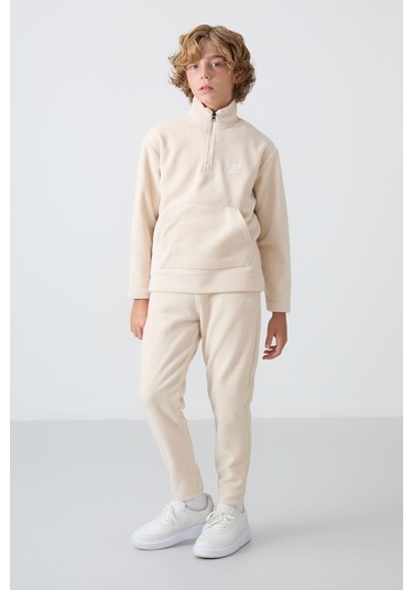 Tommy Life Bej Kalın Yumuşak Dokulu Standart Fit Nakışlı Polar Erkek Çocuk Eşofman Takım - 11218 Bej
