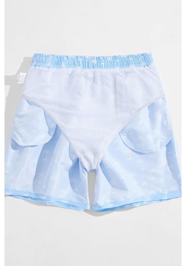 Angelsin Erkek Basic Standart Boy Şık Palmiye Baskılı Mayo Cepli Deniz Şortu Mavi