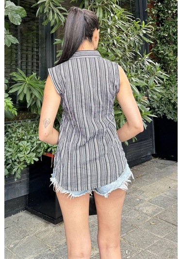 Kadın Siyah Çizgili Desen, Dokulu Bodrum Kumaş, Kolsuz Rahat Gömlek Siyah