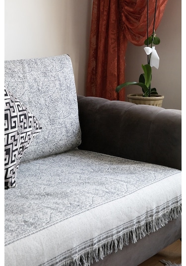 Merlin Pamuklu Saçaklı Koltuk - Çekyat Örtüsü 170x220 - Gri Gri