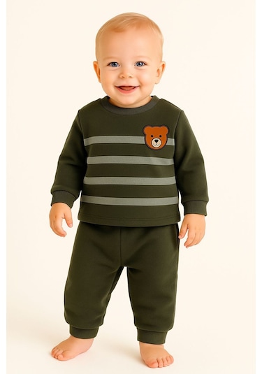 Oz Baby Çizgili Ayıcık Baskılı Kışlık Unisex Polar Bebek Takım Kız Ve Erkek Bebek Polar 1-4 Yaş Koyu Yeşil
