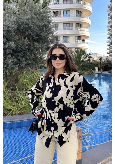 Kadın Siyah Uzun Kol, Arkası Pliseli, Salaş Dökümlü, Viskon Gömlek Siyah