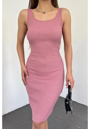 Kadın Gül Kurusu Kalın Askılı Kare Yaka Kolsuz Kısa Elbise Pembe