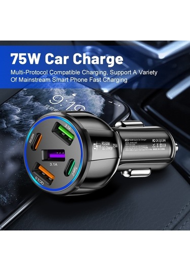 Createtech Telefonu Siyah Şarj Hızlı Hatlı Cihazı Çift Cep Araç 75w 3usb 2pd + Vg