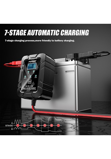 Padalink Foxsur Akıllı Akü Şarj Cihazı 6v/12v 4-30ah Otomobil Motosiklet Lcd Ekranlı Tam Otomatik Bakım Ve Onarım Siyah Avrupa Standartı