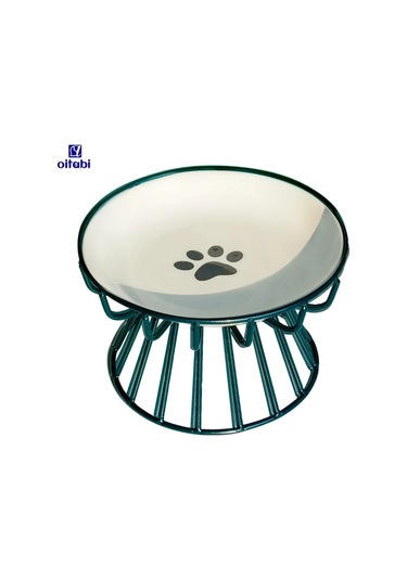 Willowhaven Yeşil Pençe Desenli Yükseltilmiş Seramik Kedi Kabı Metal Standlı