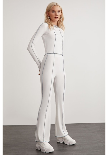 Fatima Kadın Beyaz Dikiş Detaylı Wide Leg Beyaz Pantolon