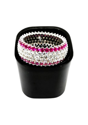 Omar Silver Kadın Tamtur 5 Sıra Zirkon Taşlı Bordo Çizgili Gümüş