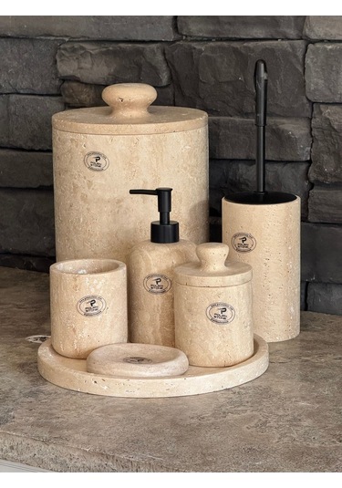 Yeni Traverten Doğaltaş Kendinden Kulplu 7'li Banyo Seti Büyük Çöp Kovalı 26x20 Beyaz