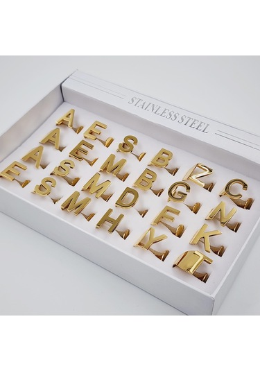 Çelik Gold Düz Kesim Harf Yüzük -e Harfi- Ayarlı Ölçü-1892