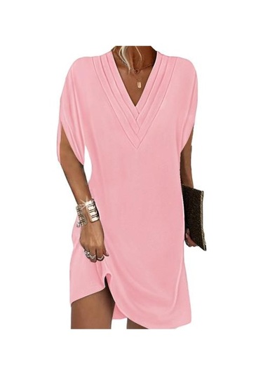 Kadın Elbise V Yaka Pilili Yarım Yarasa Kollu Düz Renk Gevşek Yumuşak Nefes İşe Gidip Diz Üstü Mini Elbise Pembe